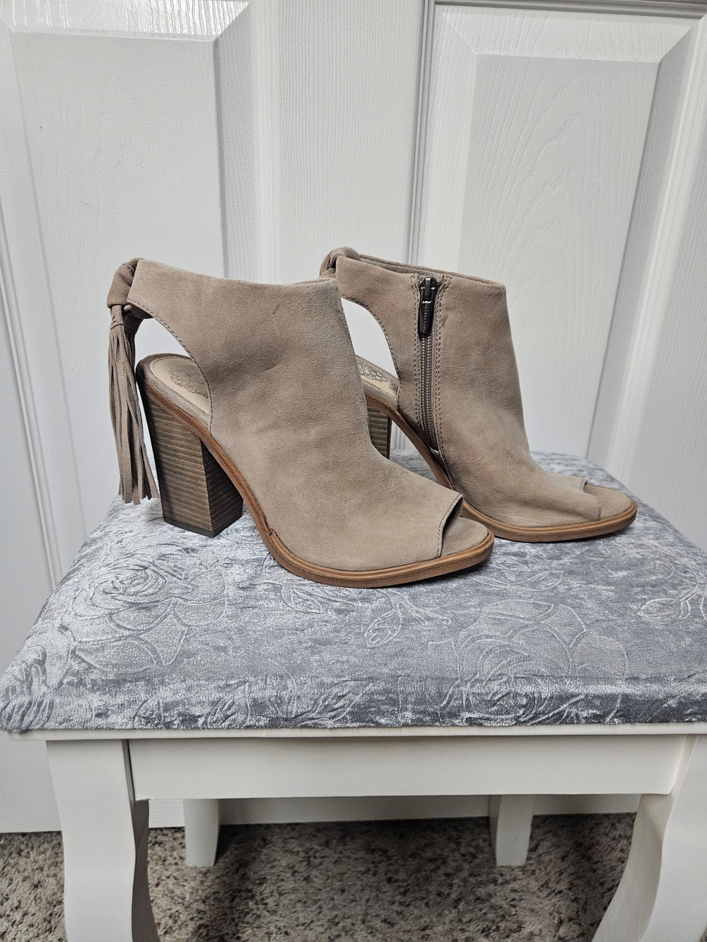 Vince Camuto Taupe Suede Peep-Toe Block Heel with Tassel